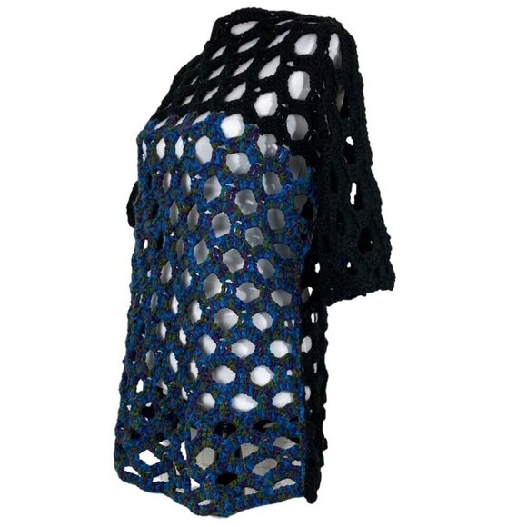 Handmade Women's New‎ Black Blue Short Sleeve Open Knit Tunic Sweater L/C44 - Picture 5 of 8
